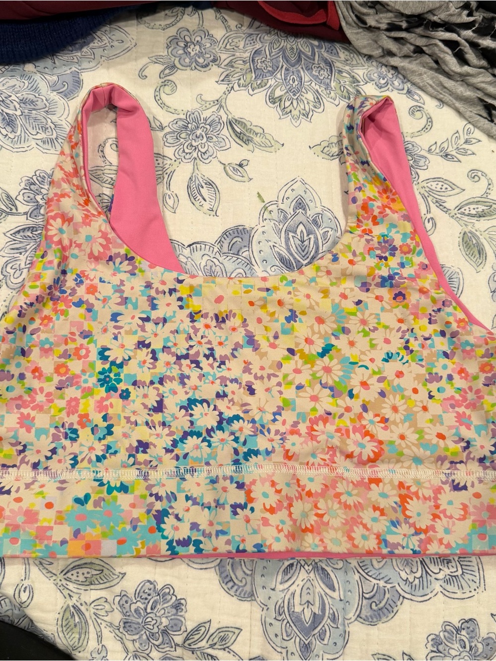 Fabletics Floral Multicolor Sports Bra with Pink Lining